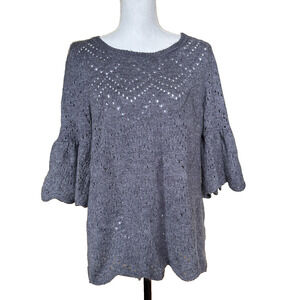 LC Lauren Conrad Grey Bell Sleeve Open Knit Sweater Size Medium‎